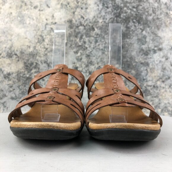 Clarks Women's Size 8M Brown Leather Strappy Open Toe Heeled Slip On Sandals - Picture 2 of 14